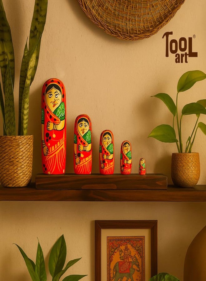 Toolart® Set of 5Pcs Hand Painted Cute Wooden Russian Matryoshka Stacking Nested Wood Dolls Red - Image 3